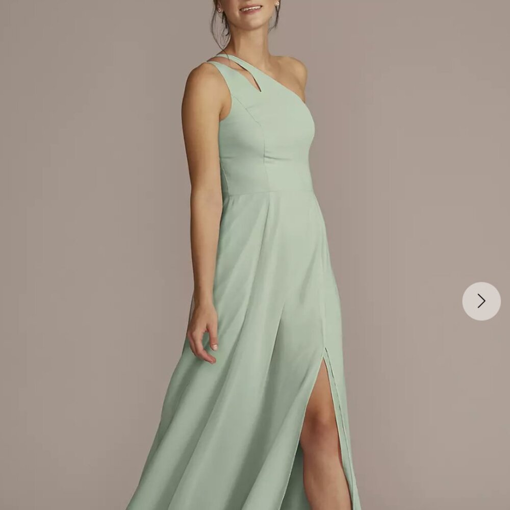 Celebrate DB Studios David’s Bridal Sage Green Chiffon One-Shoulder Cutout 12